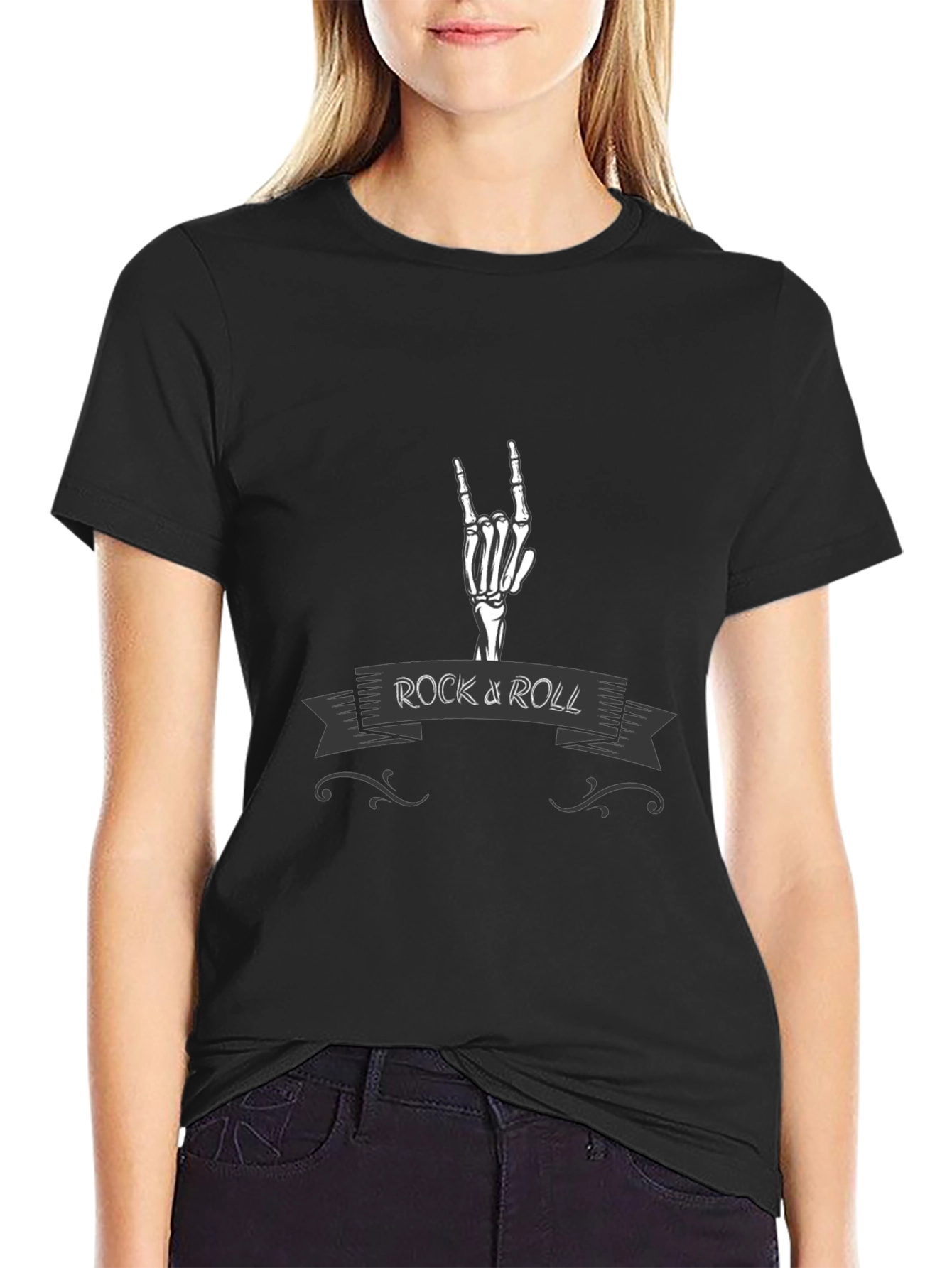 Rock and Roll Skeleton Hand Graphic T-Shirt