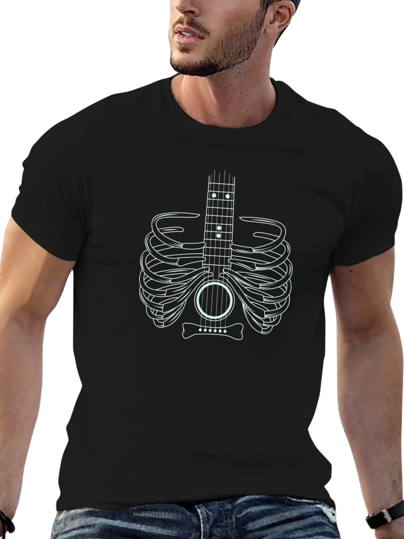 Guitar Rib Cage Graphic Tee - Musician Skeleton T-Shirt