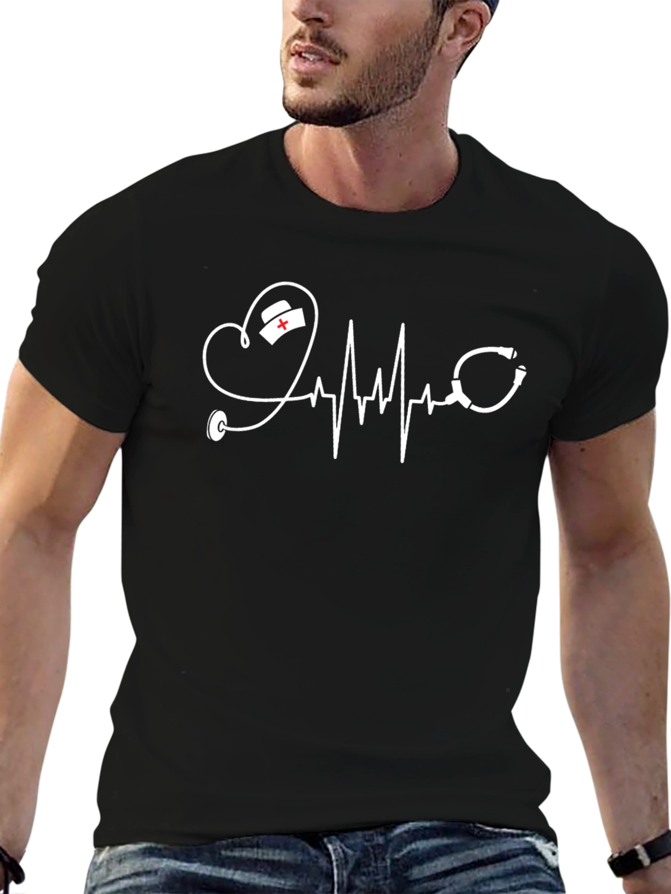 Heartbeat Nurse Stethoscope Graphic Tee - Black