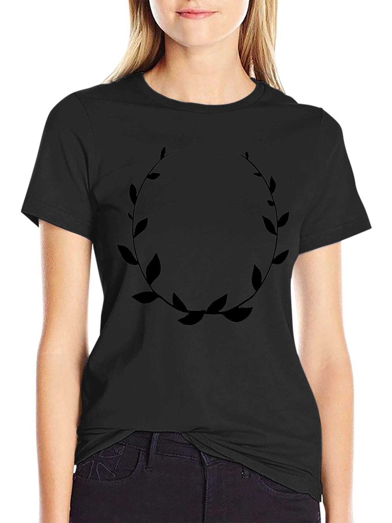 Leaf Wreath Graphic Black T-Shirt - Modern Casual Style