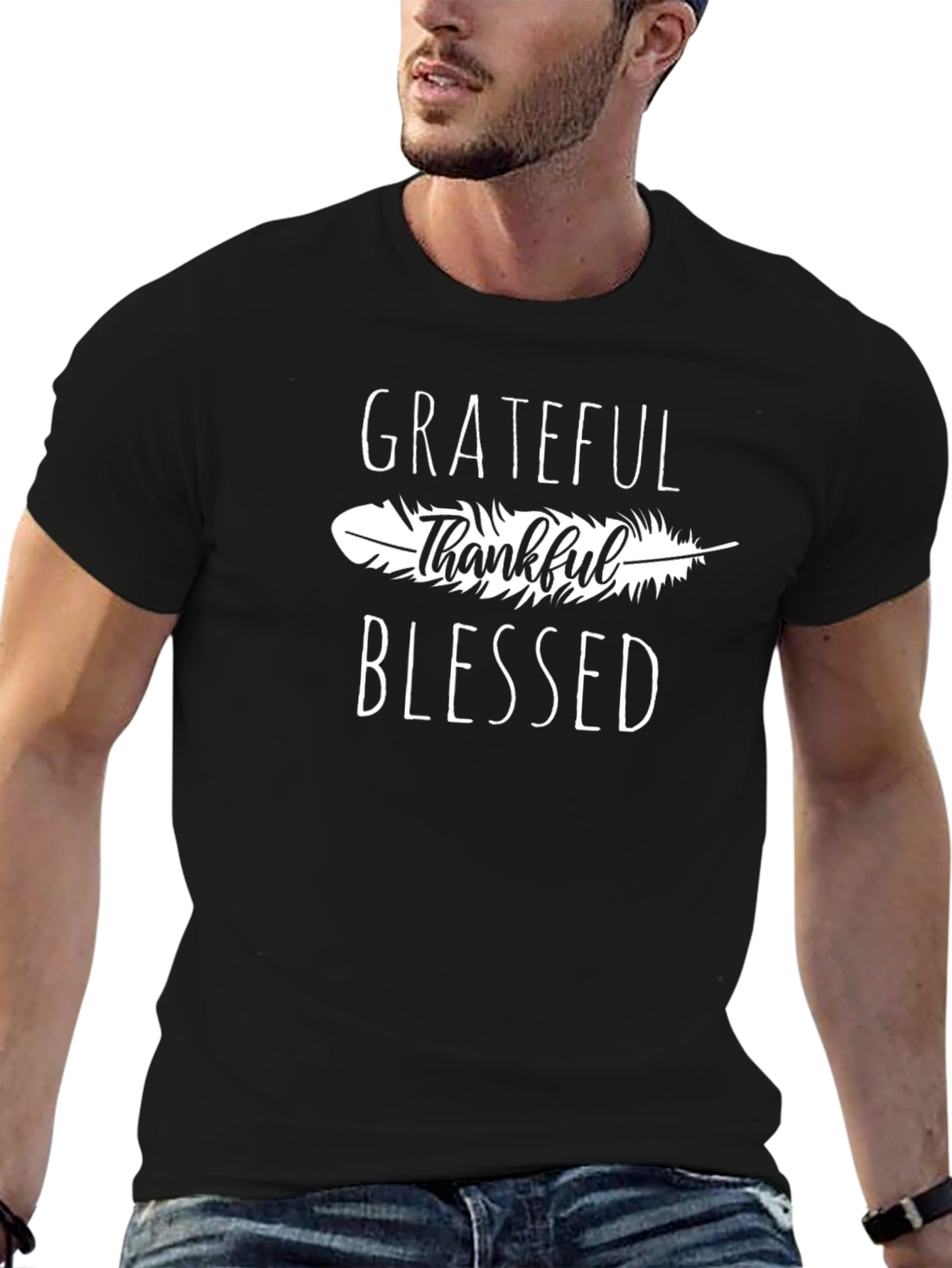 Grateful Thankful Blessed T-Shirt - Feather Design