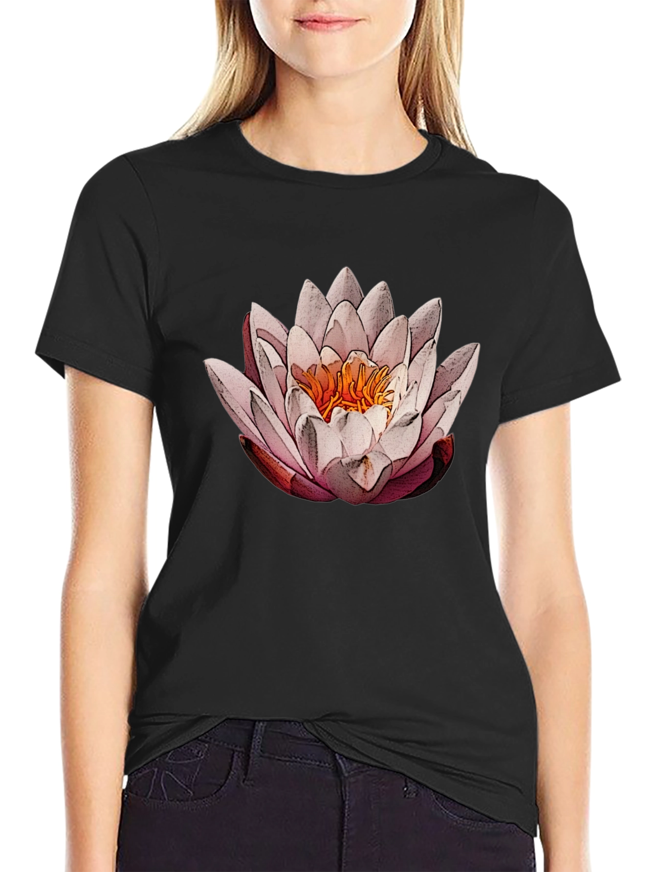 Lotus Flower Graphic Tee - Elegant Black T-Shirt