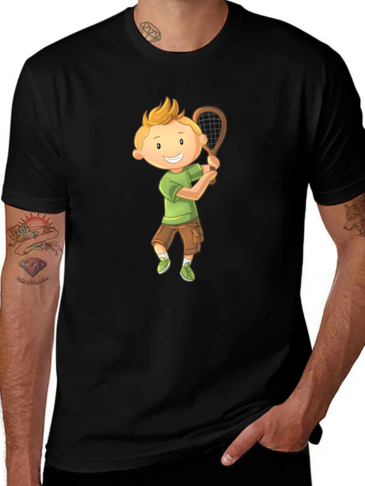 Cartoon Boy Playing Tennis Graphic T-Shirt