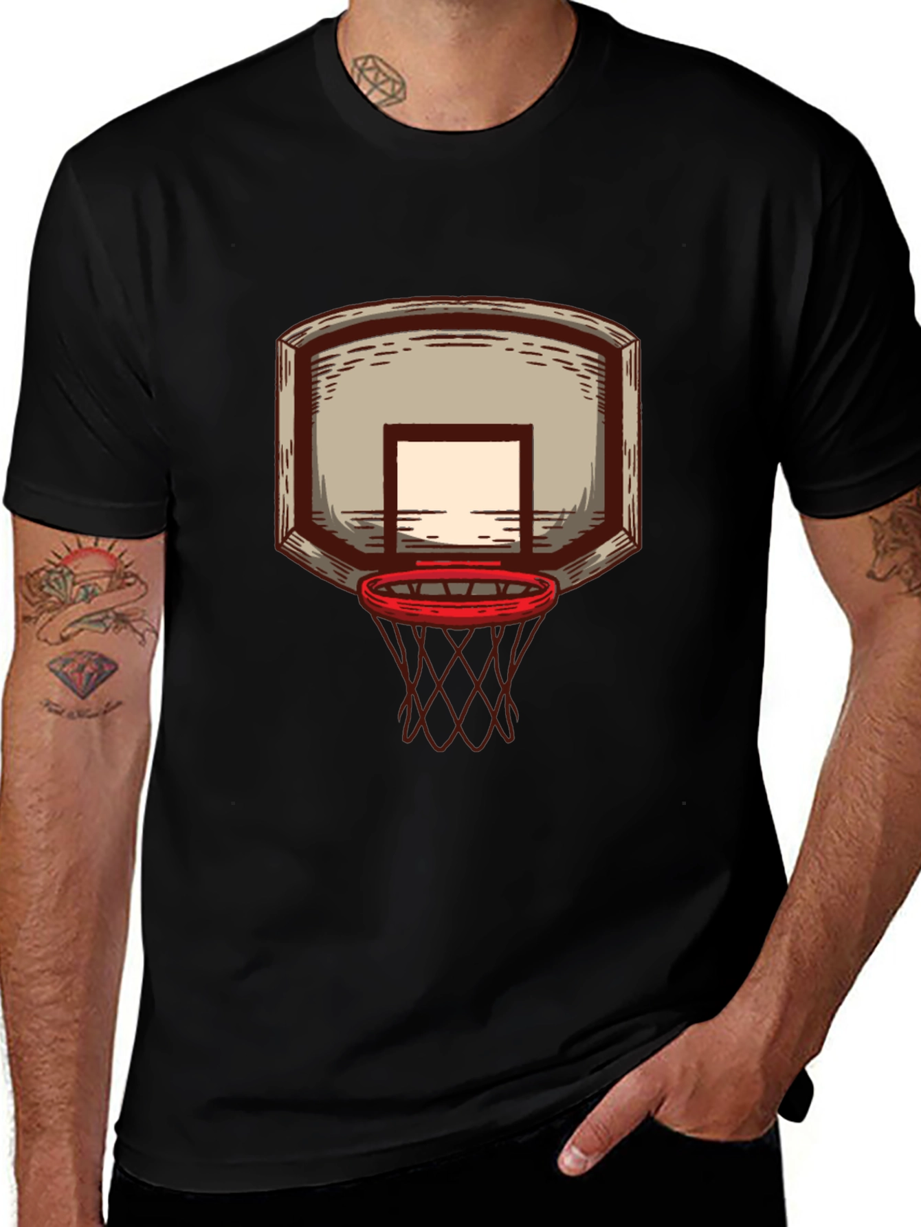 Basketball Hoop Graphic Tee - Black Cotton T-Shirt