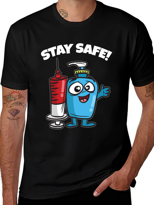 Stay Safe T-Shirt - Cartoon Hand Sanitizer and Vaccine