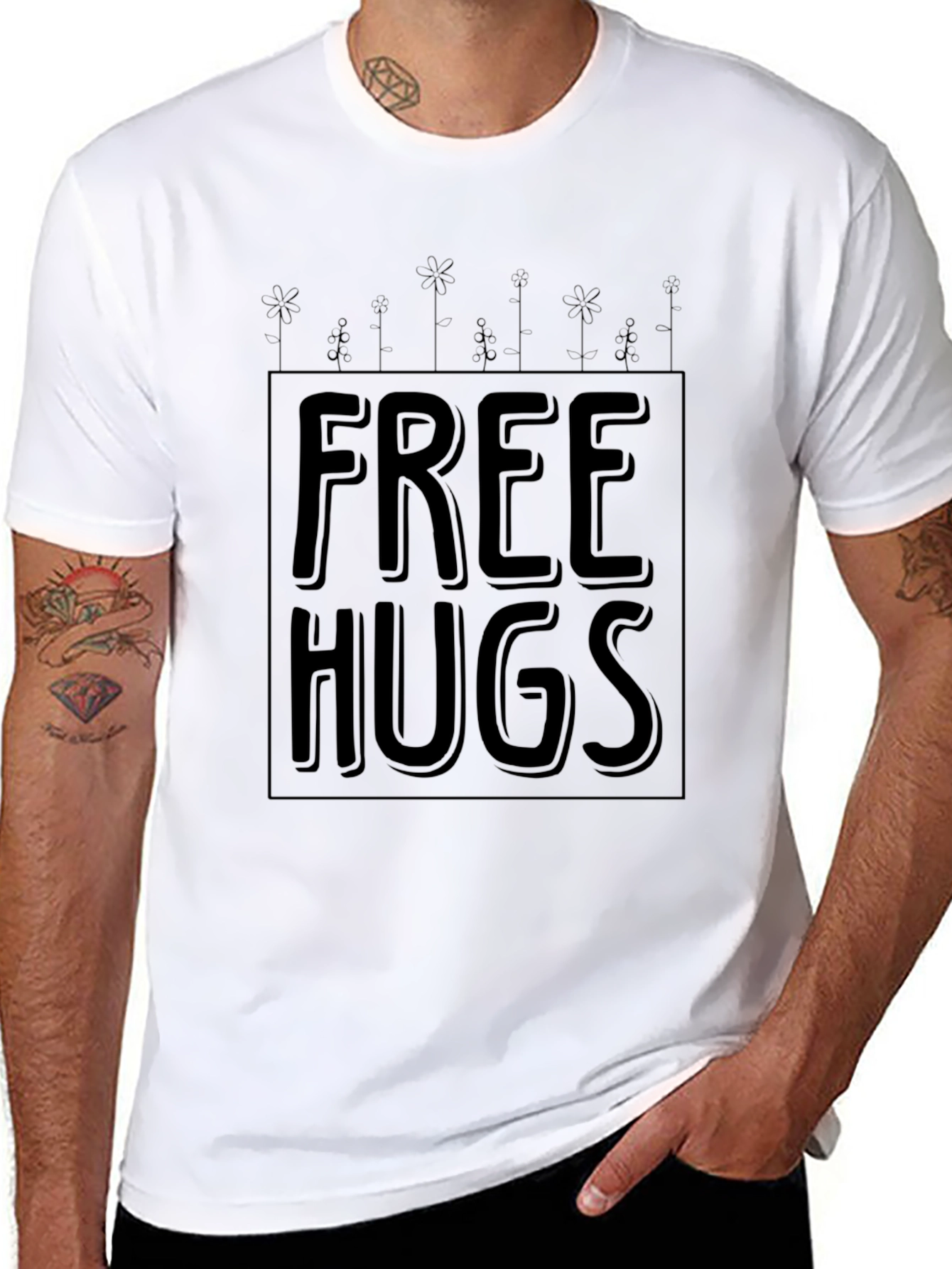 Free Hugs Graphic Print Black Tee
