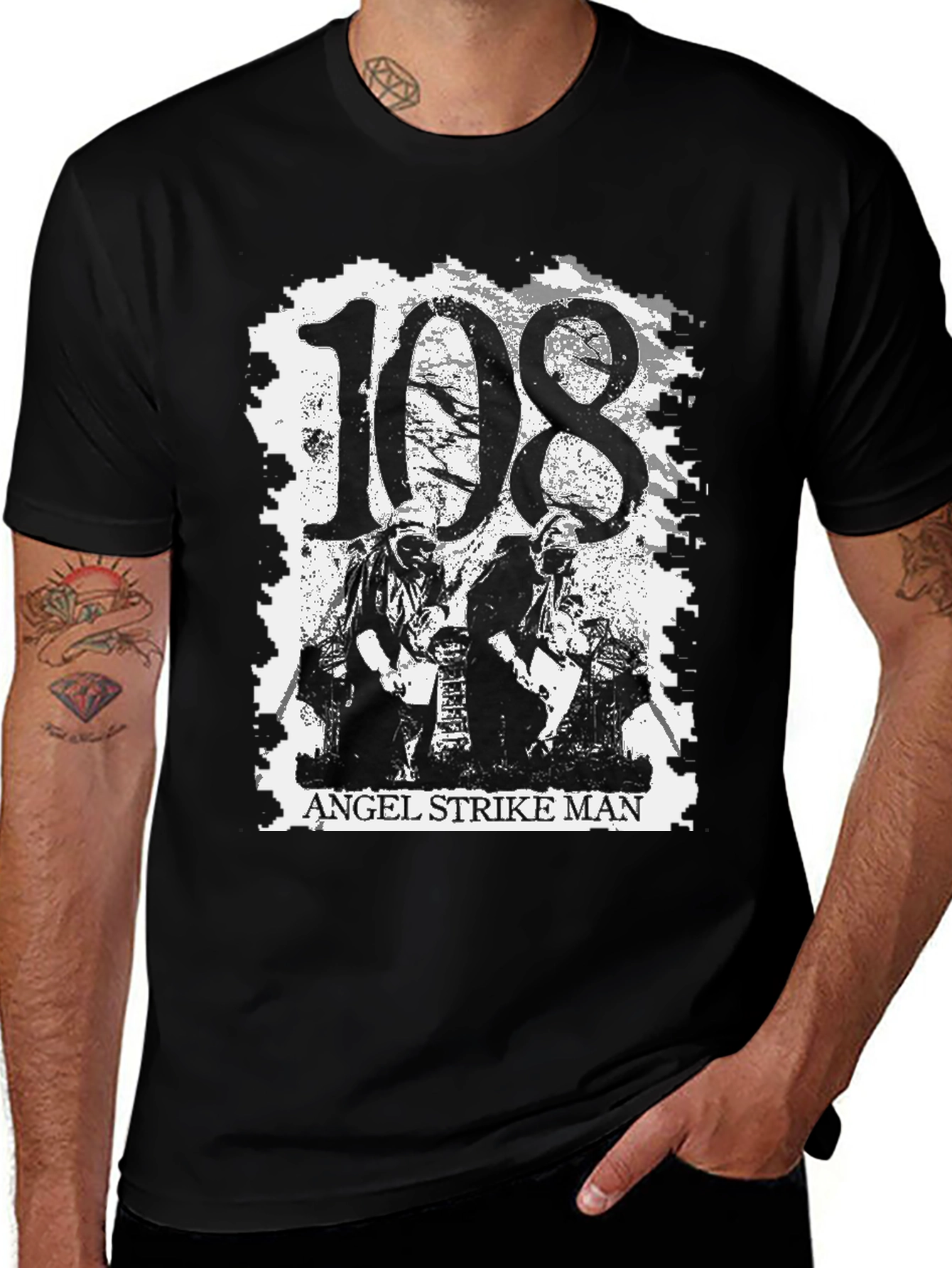 108 Angel Strike Man Black Graphic Tee