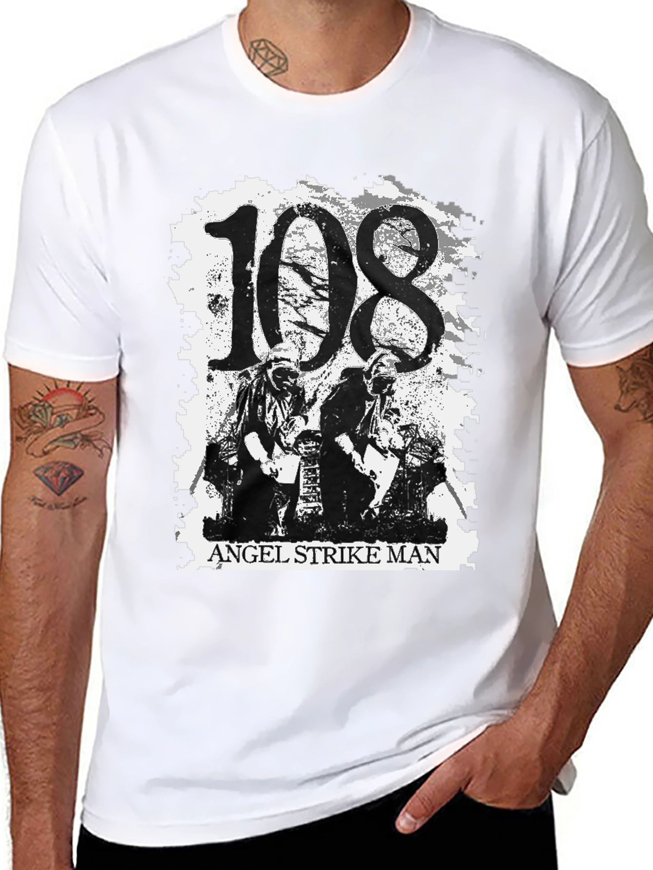 108 Angel Strike Man Black Graphic Tee