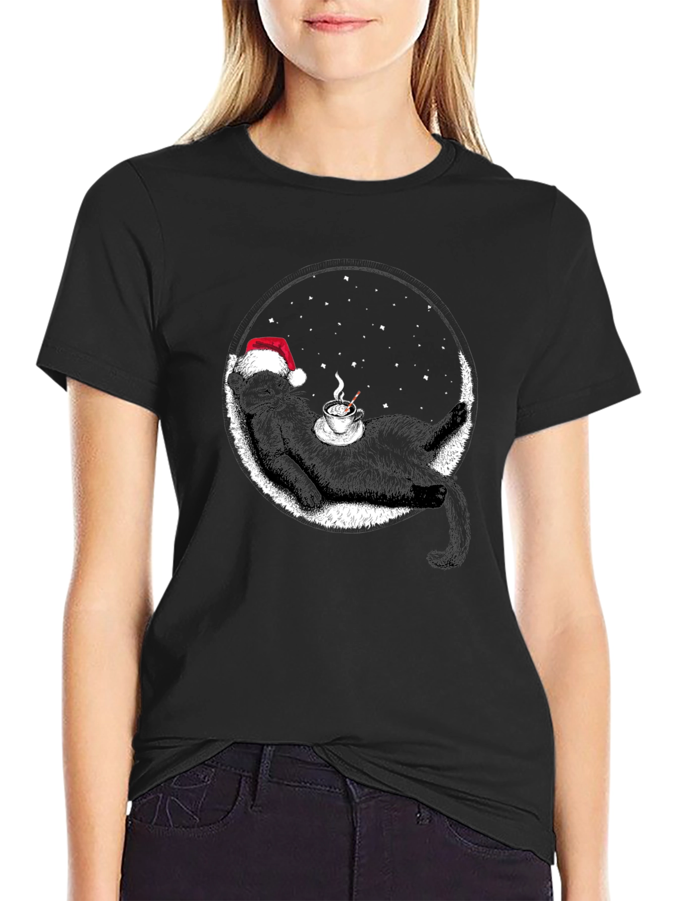 Black Cat Christmas T-Shirt Coffee Lover Tee