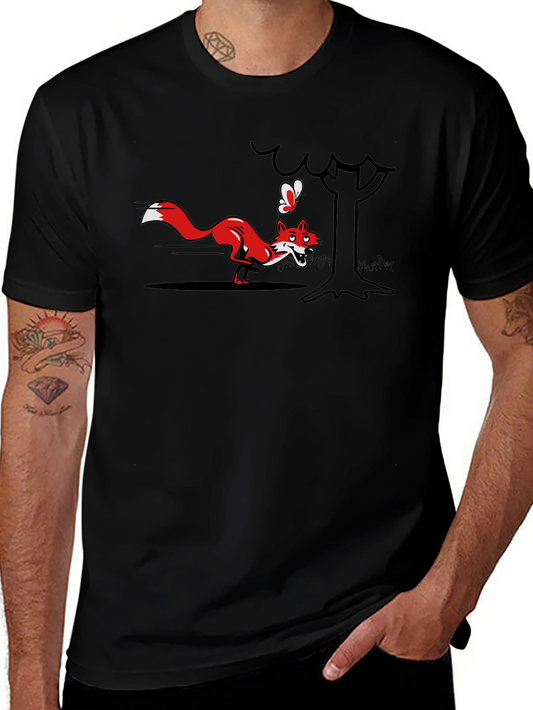 Cartoon Fox and Butterfly Black T-Shirt