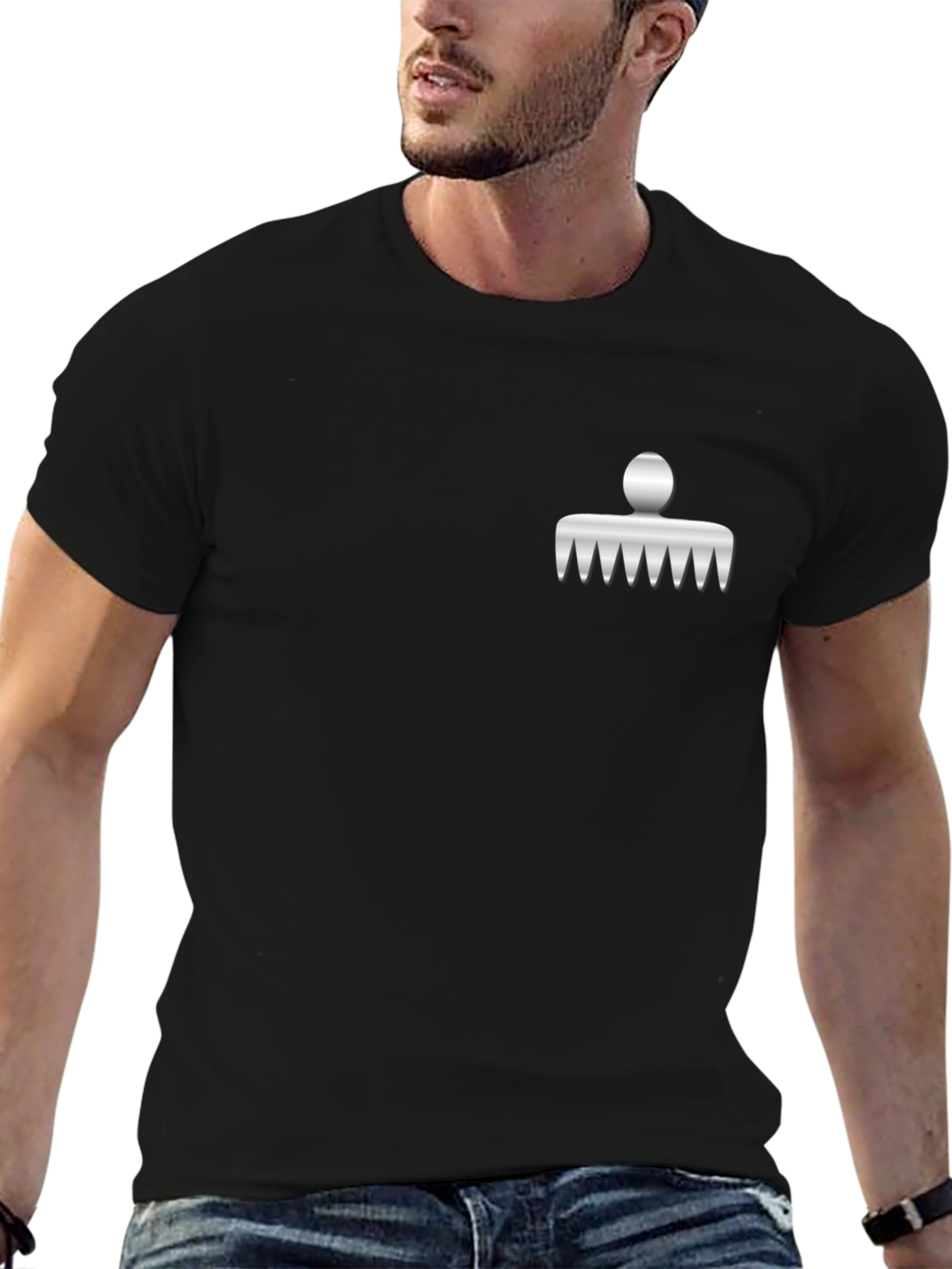 Mens Black T-Shirt with Novelty Comb Design
