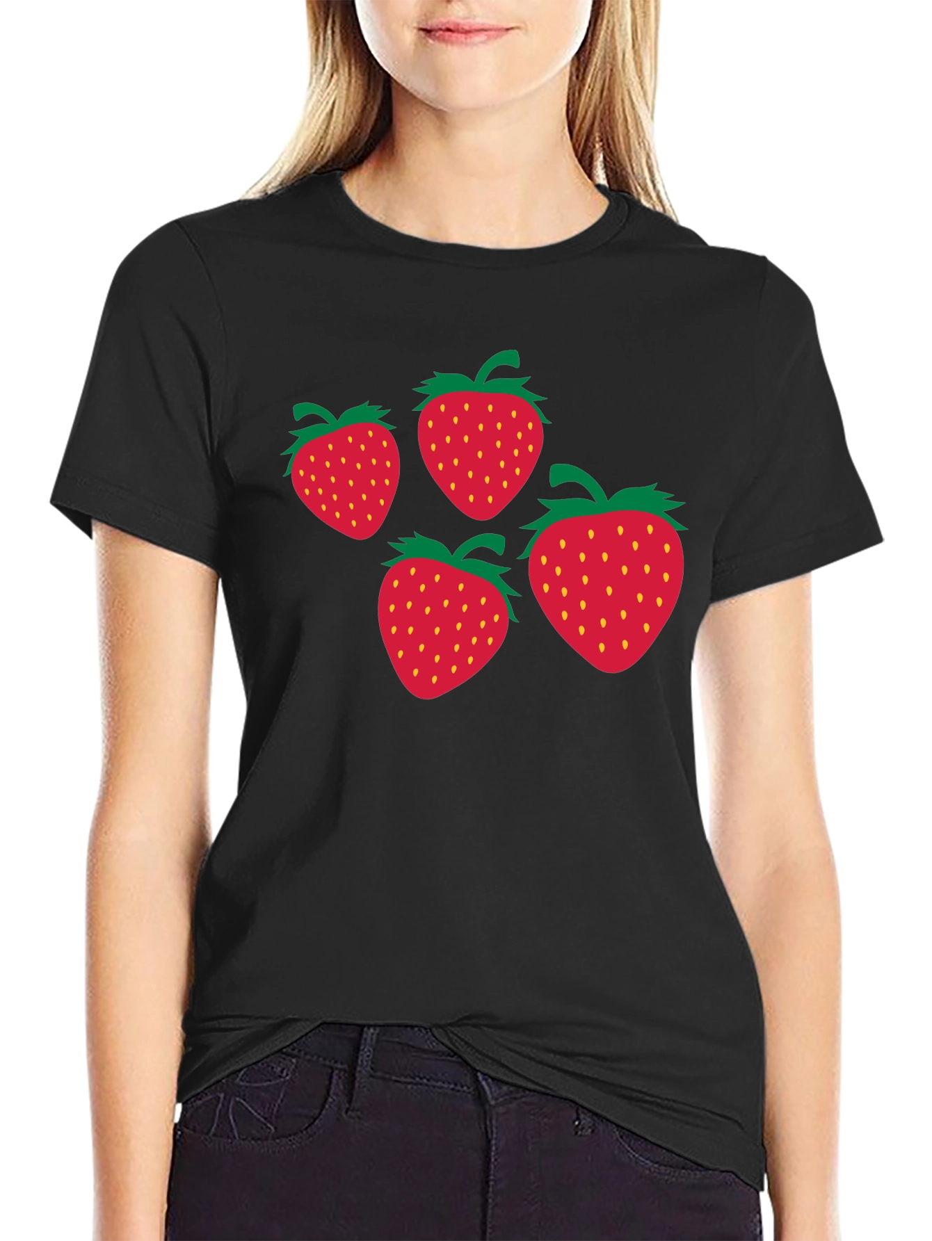 Strawberry Print Black T-Shirt