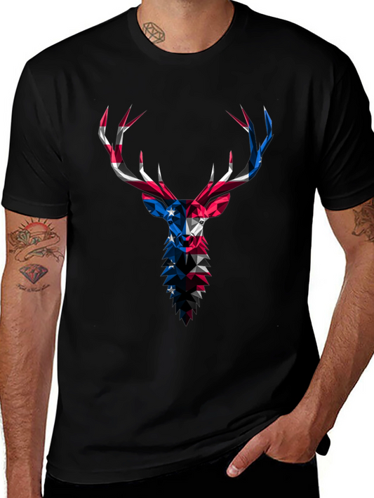 Geometric Deer USA Flag Graphic Black T-Shirt