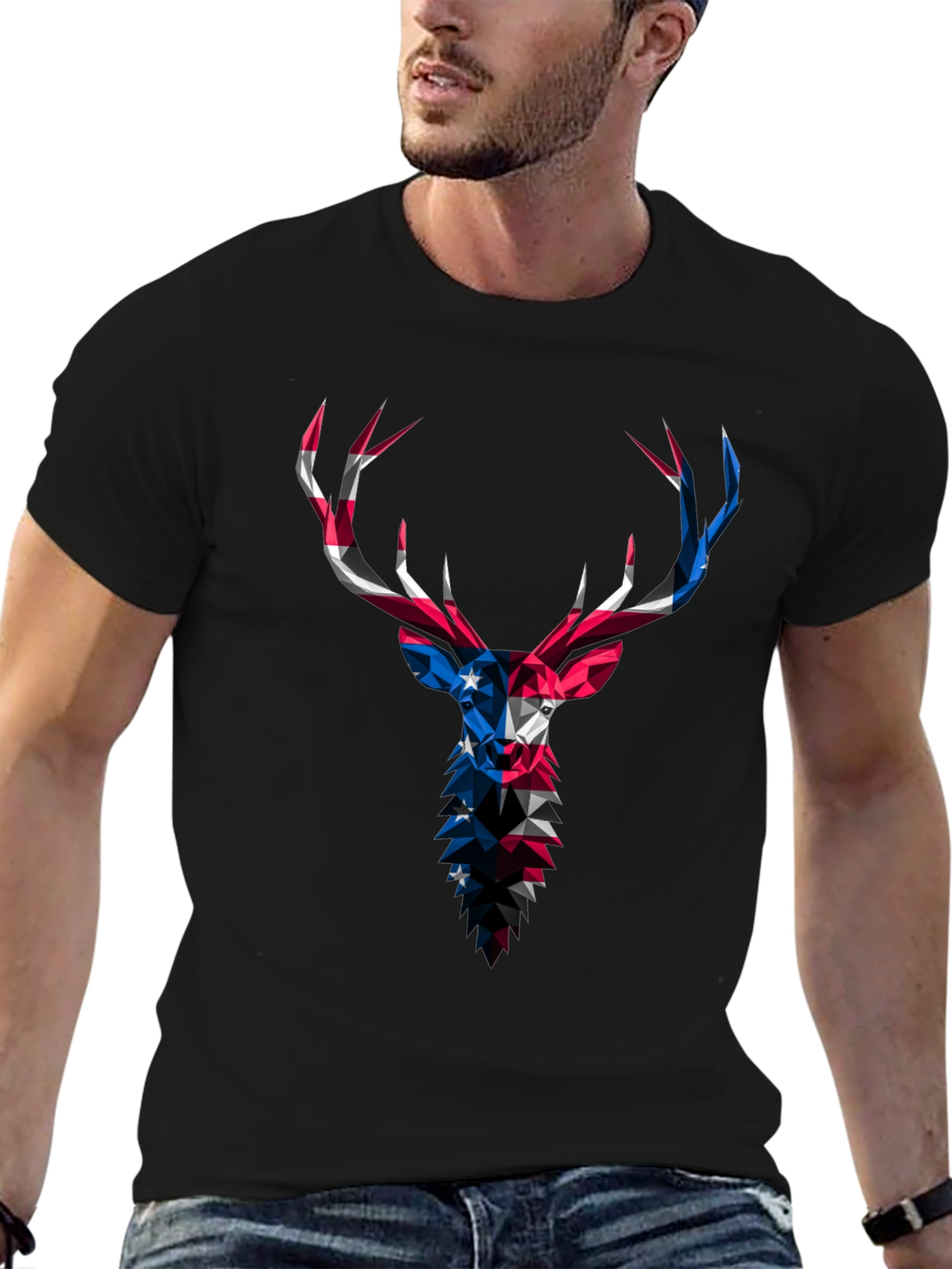 Geometric Deer USA Flag Graphic Black T-Shirt