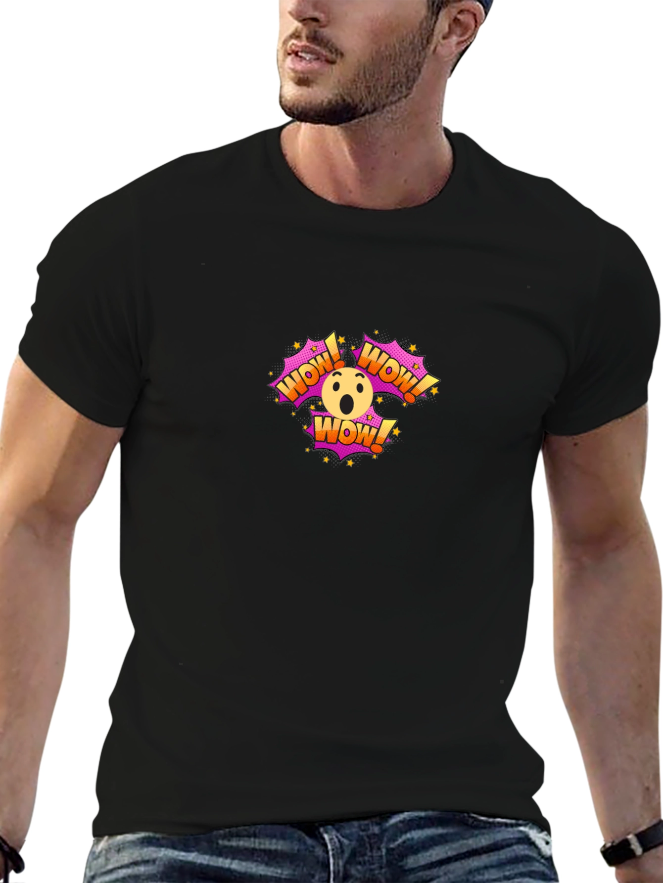 WOW! Emoji Graphic Print Black T-Shirt