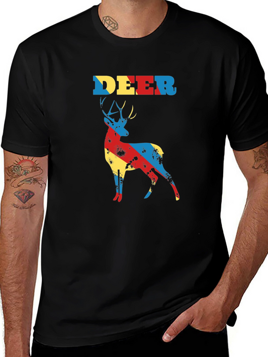 Colorful Deer Graphic Print Black T-Shirt