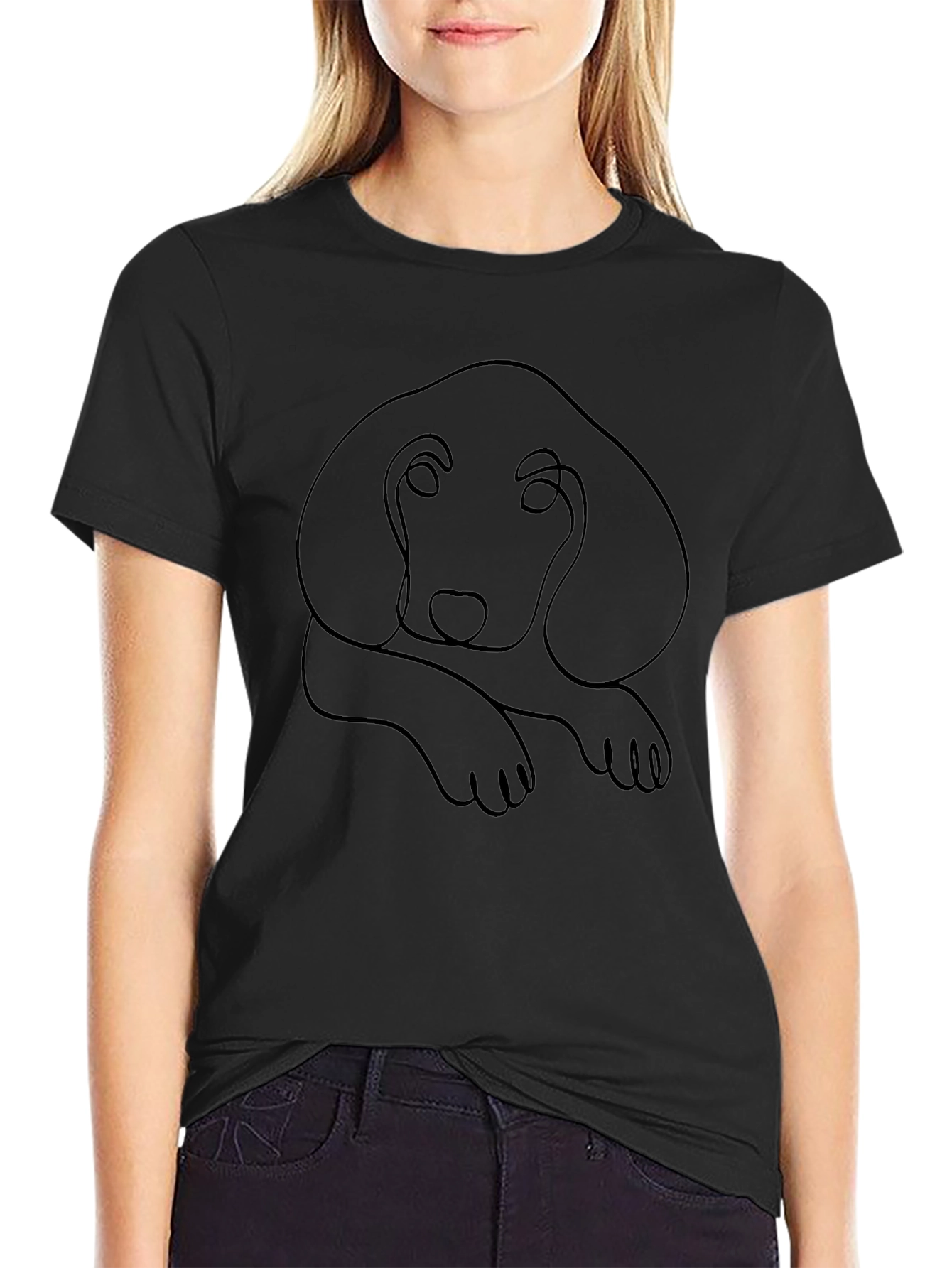 Minimalist Dog Line Art Black T-Shirt