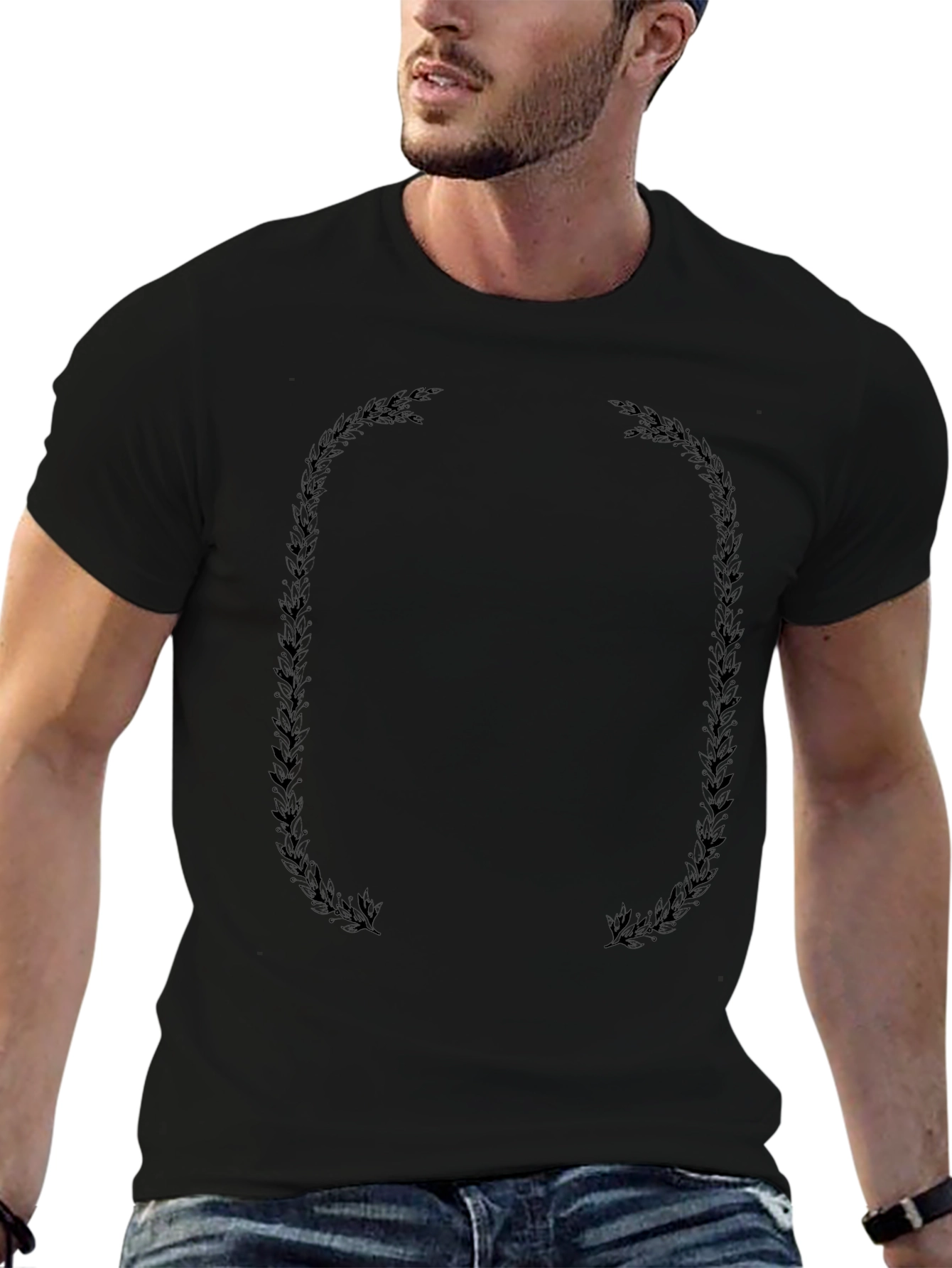 Mens Black T-Shirt with Oval Leaf Frame Design