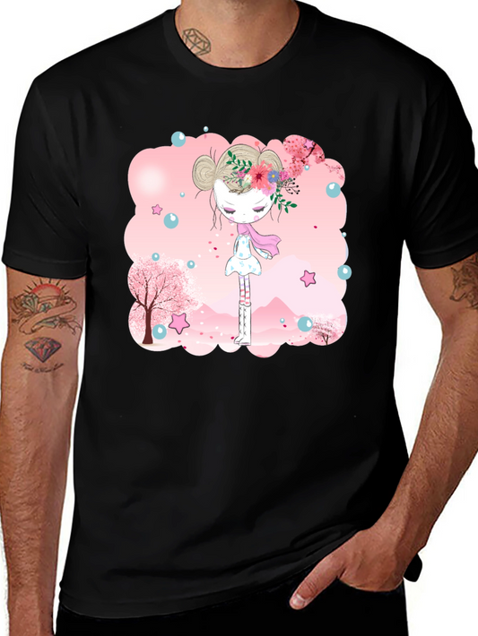 Black T-Shirt with Floral Girl Design