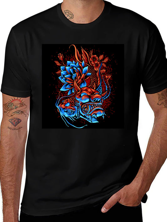 Dragon and Lotus Graphic Print T-Shirt