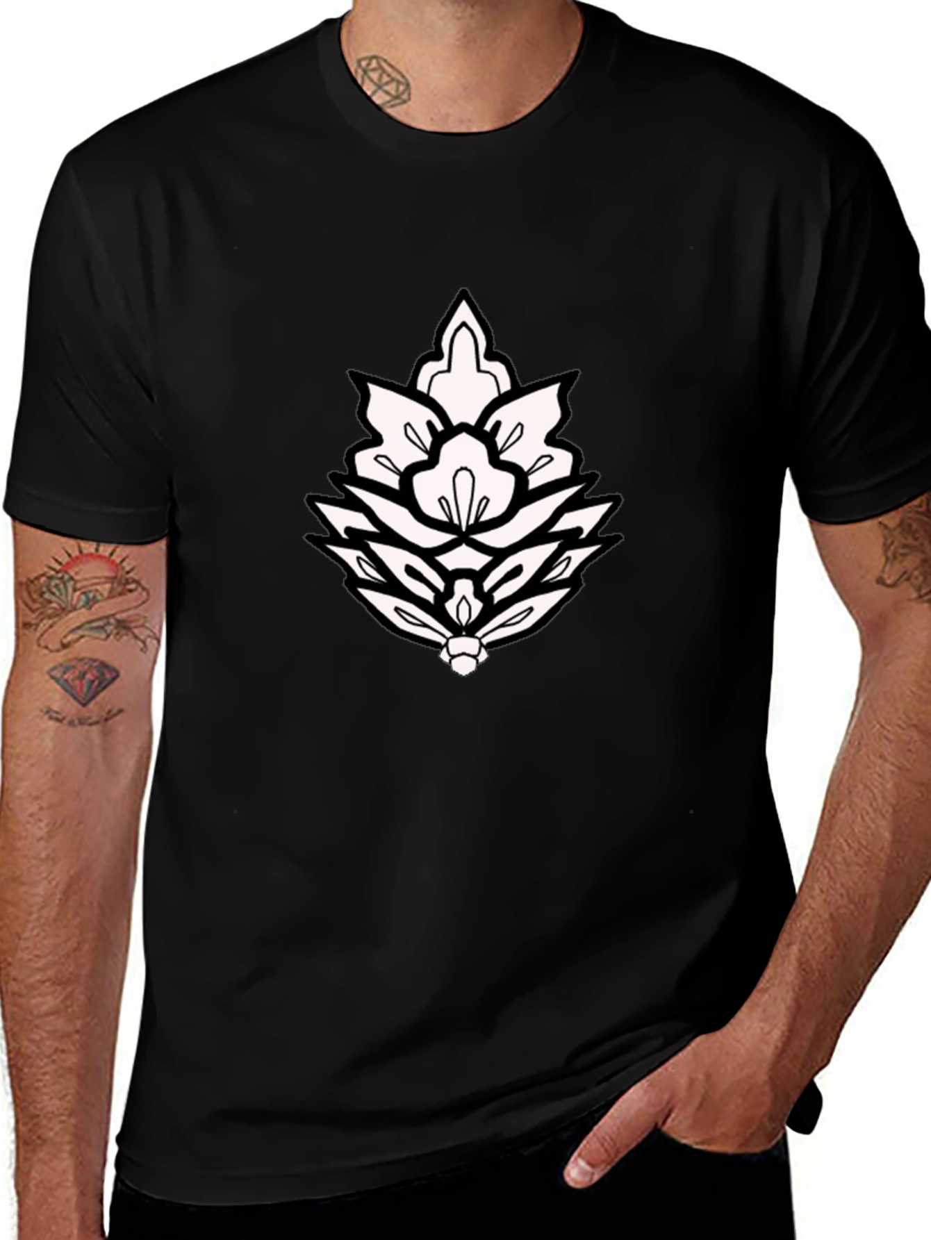 Black T-Shirt with Ornamental Lotus Design