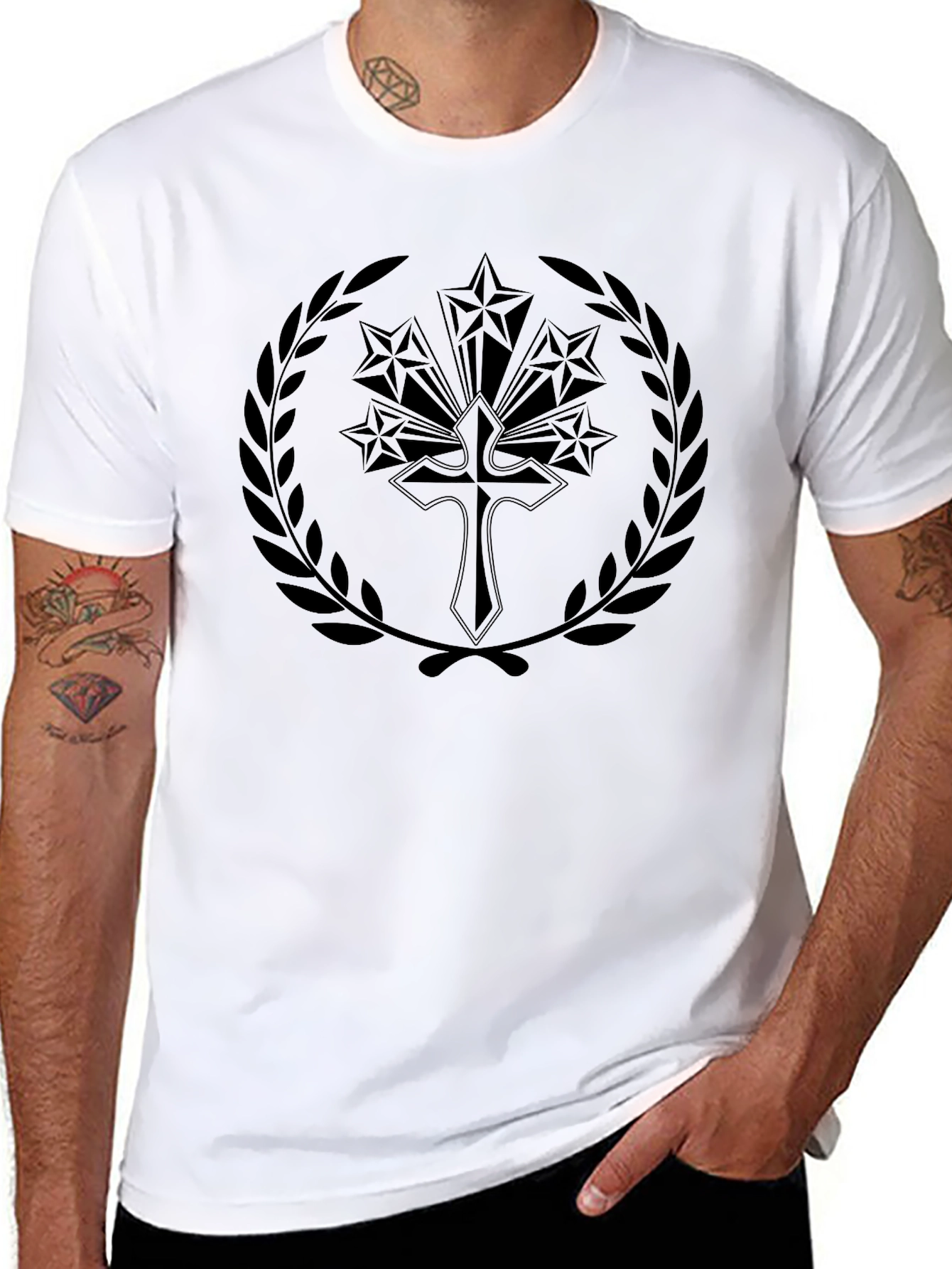 Cross & Stars Graphic Tee - Black Cotton T-Shirt