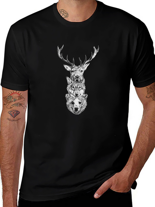 Animal Stack Graphic Tee - Deer Wolf Bear Print