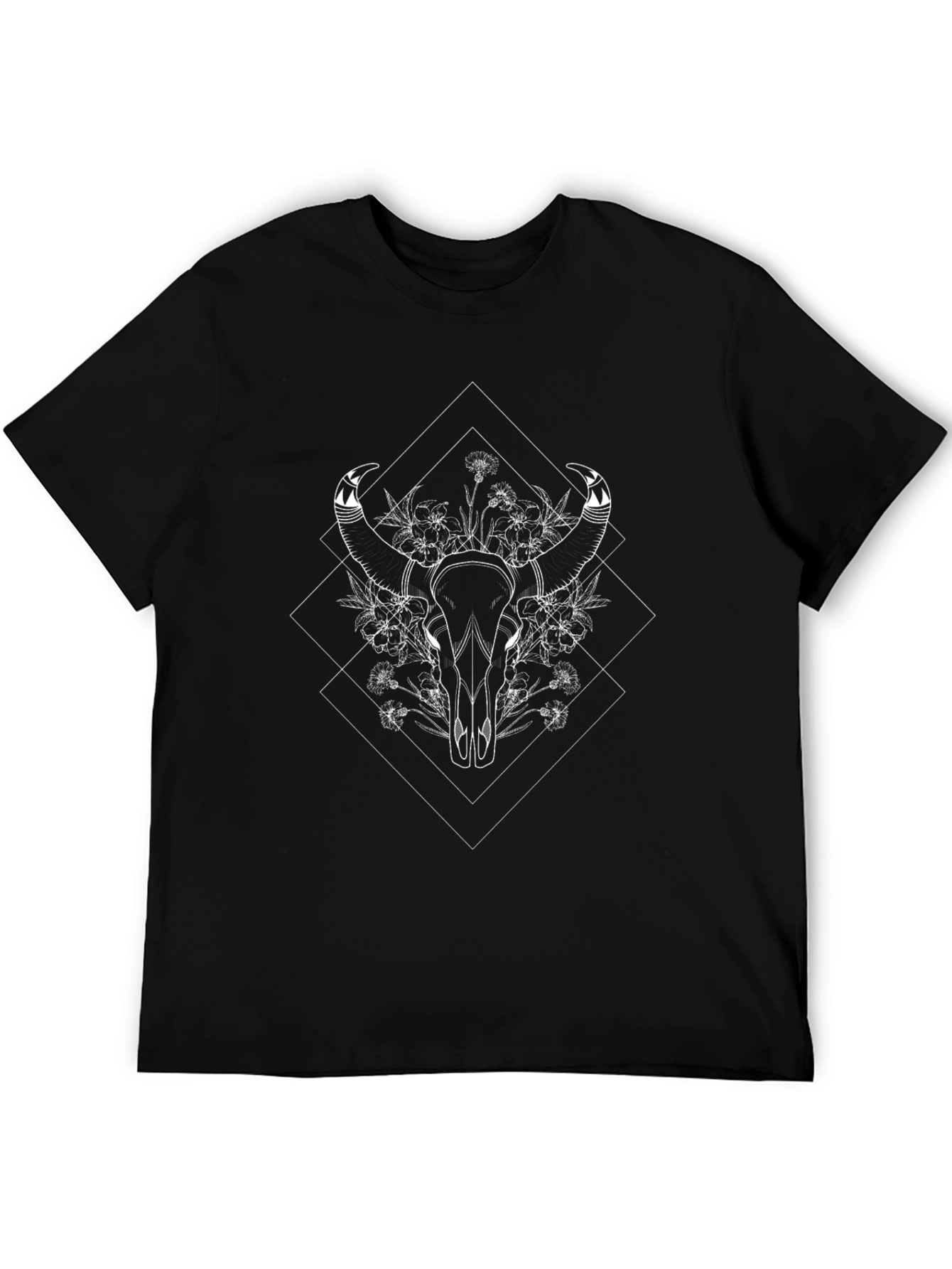Bull Skull Floral Graphic Black T-Shirt