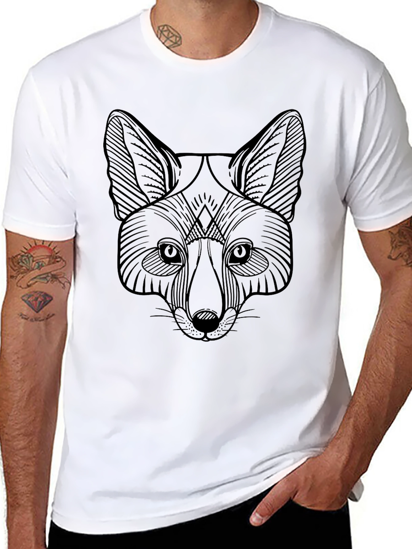 Geometric Fox Graphic Tee - Black Crew Neck