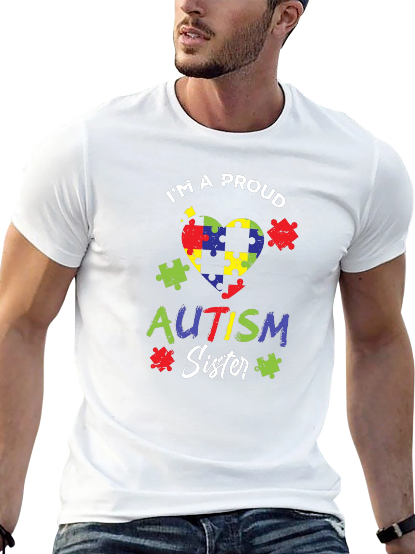 Proud Autism Sister Puzzle Heart T-Shirt