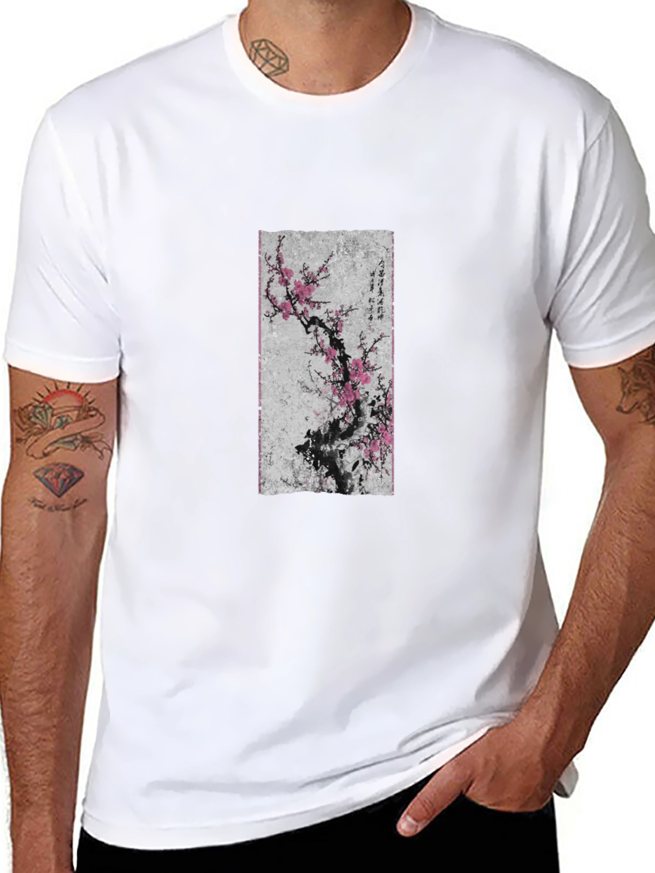 Black T-Shirt with Asian Floral Art