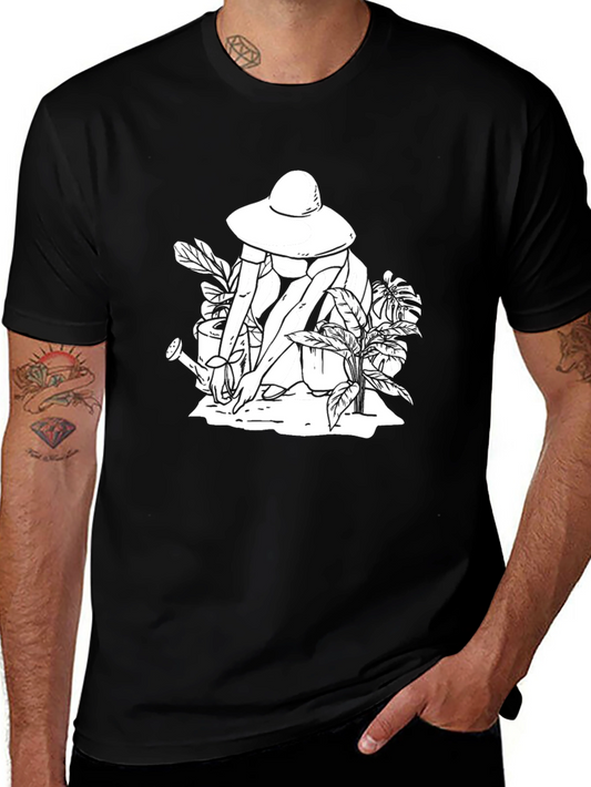 Black Graphic Tee: Gardening Woman