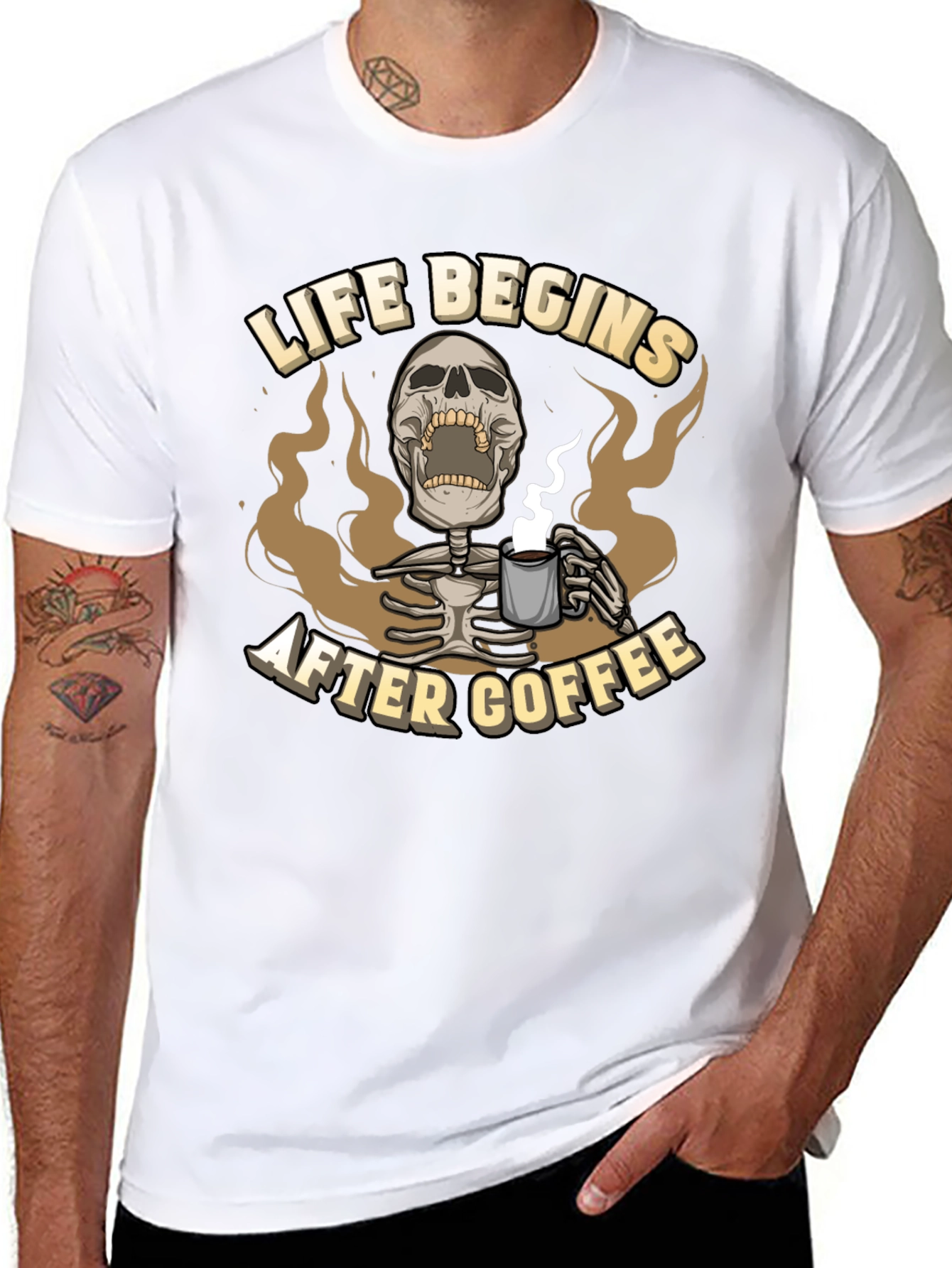 Life Begins After Coffee Graphic Tee - Skeleton Design