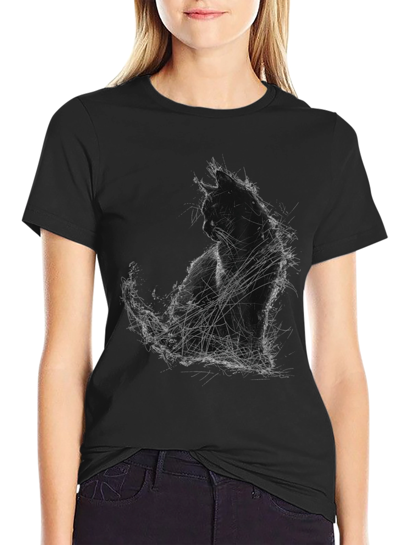 Abstract Cat Graphic Print Black T-Shirt