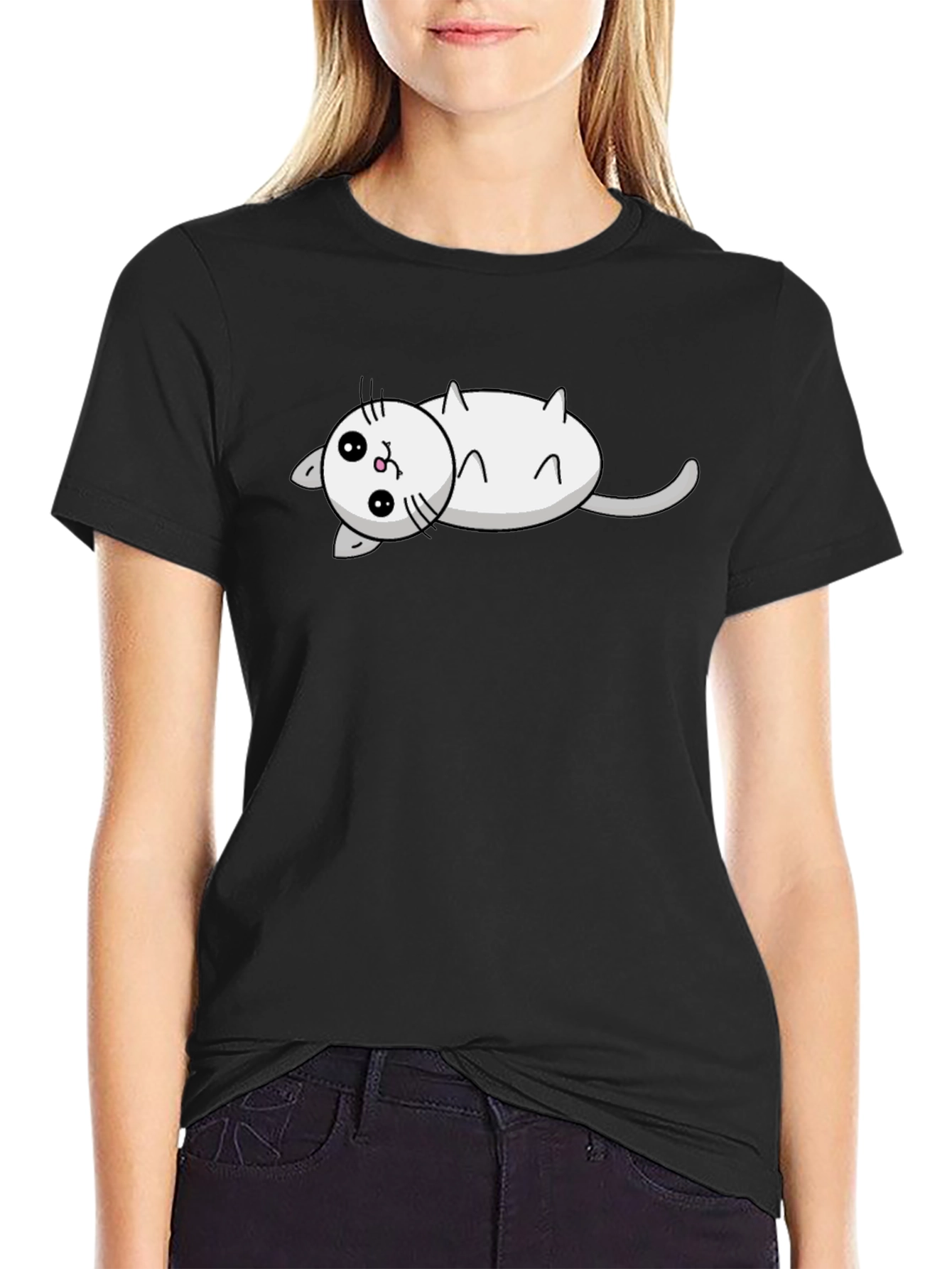 Cute Cat Cartoon Black T-Shirt