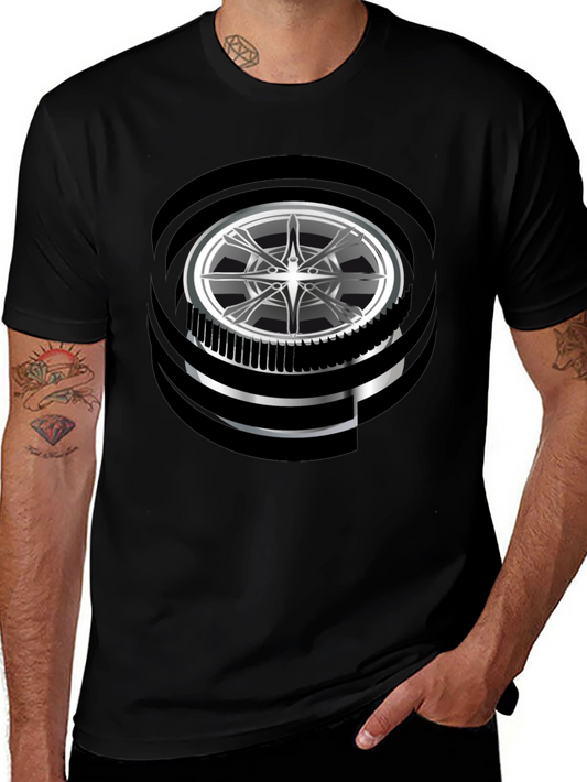Modern Graphic Wheel Design Black T-Shirt