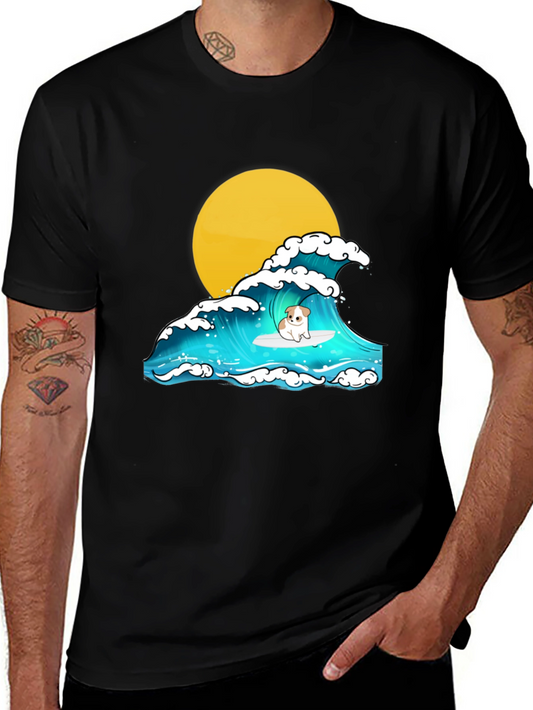Surfing Dog Graphic Tee - Black Cotton T-Shirt