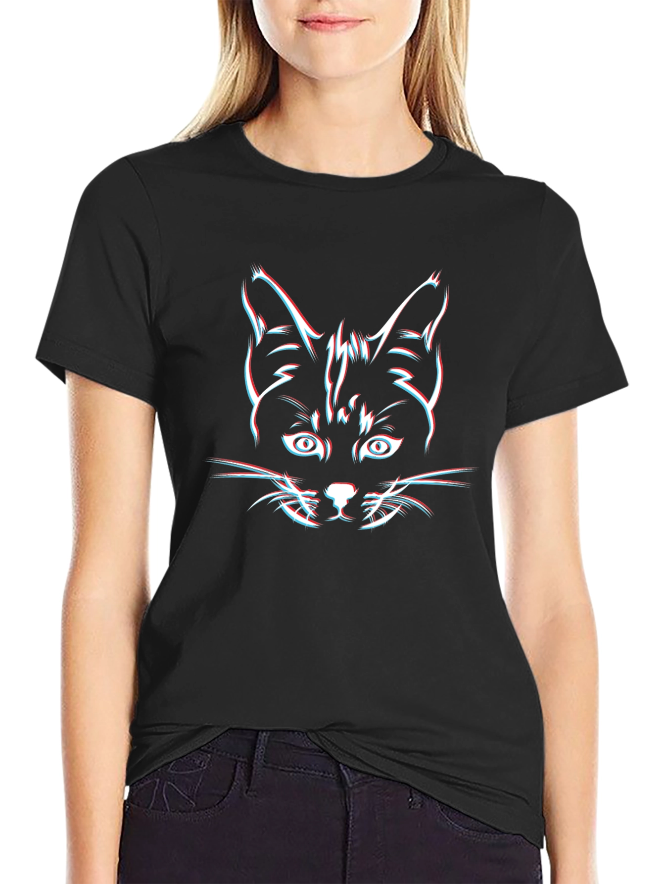 Cool Cat 3D Glitch Graphic Black T-Shirt