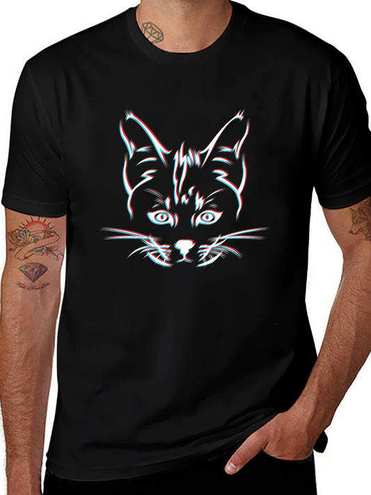 Cool Cat 3D Glitch Graphic Black T-Shirt