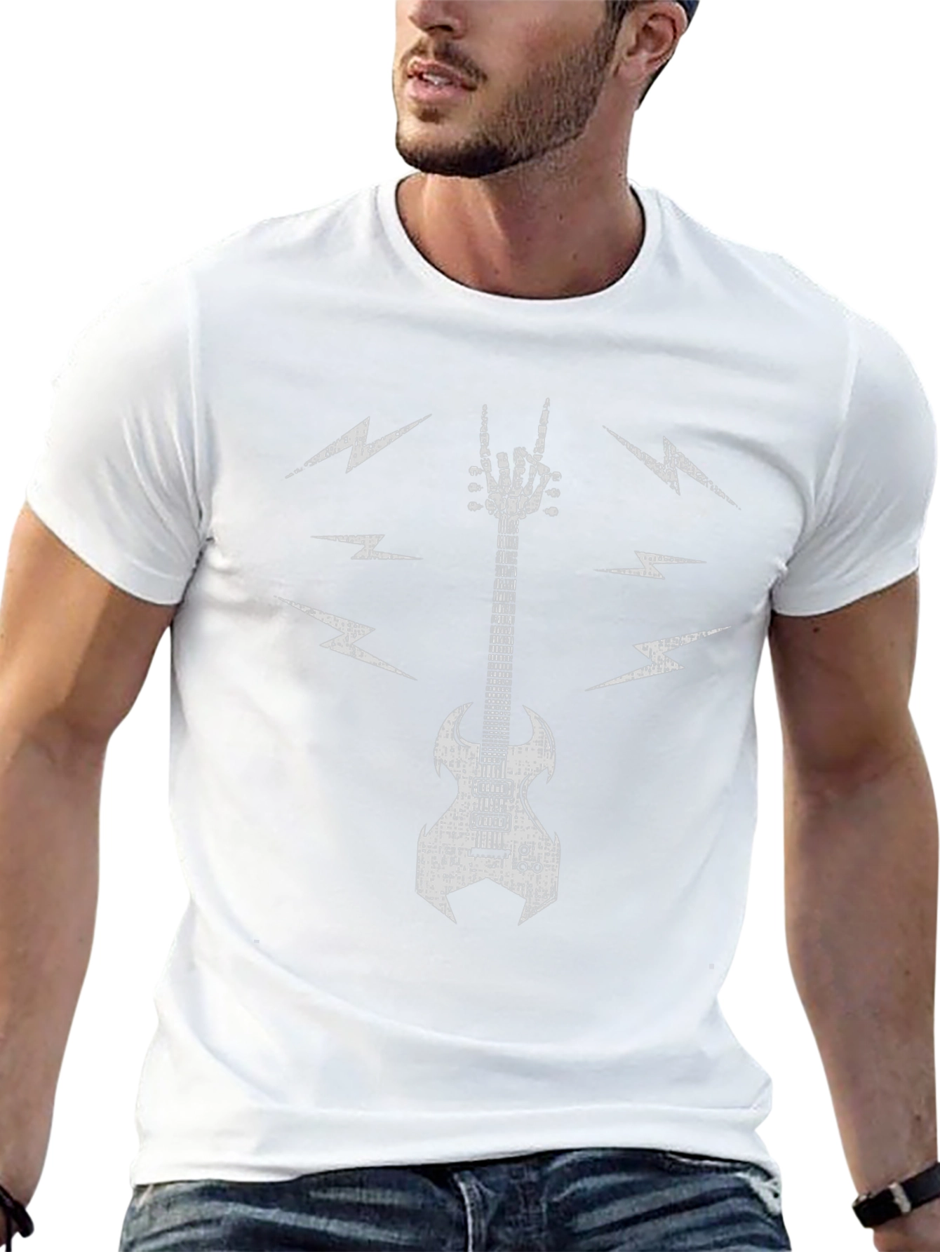 Rock Guitar T-Shirt - Skeleton Hand & Lightning