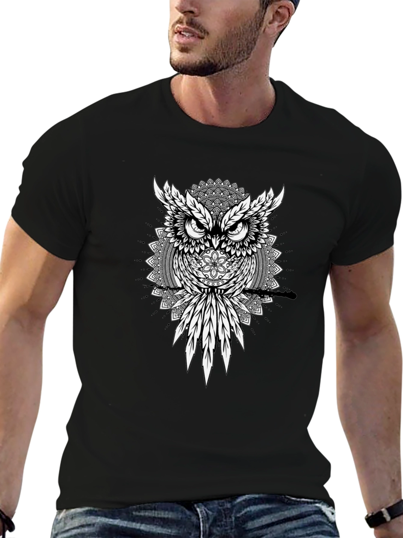 Owl Mandala Graphic Print Mens T-Shirt