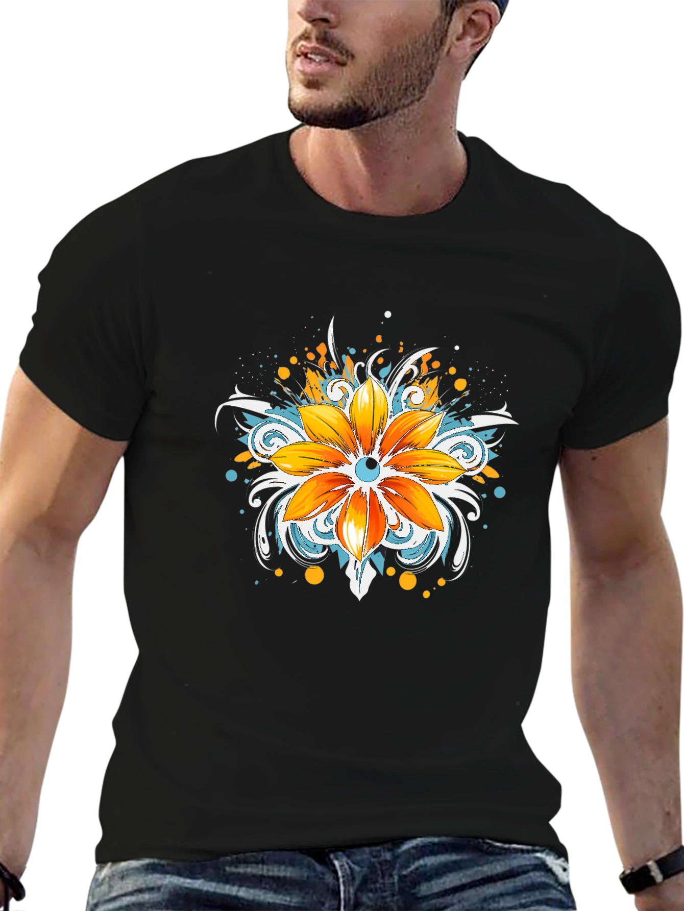 Mens Black T-Shirt with Floral Graphic