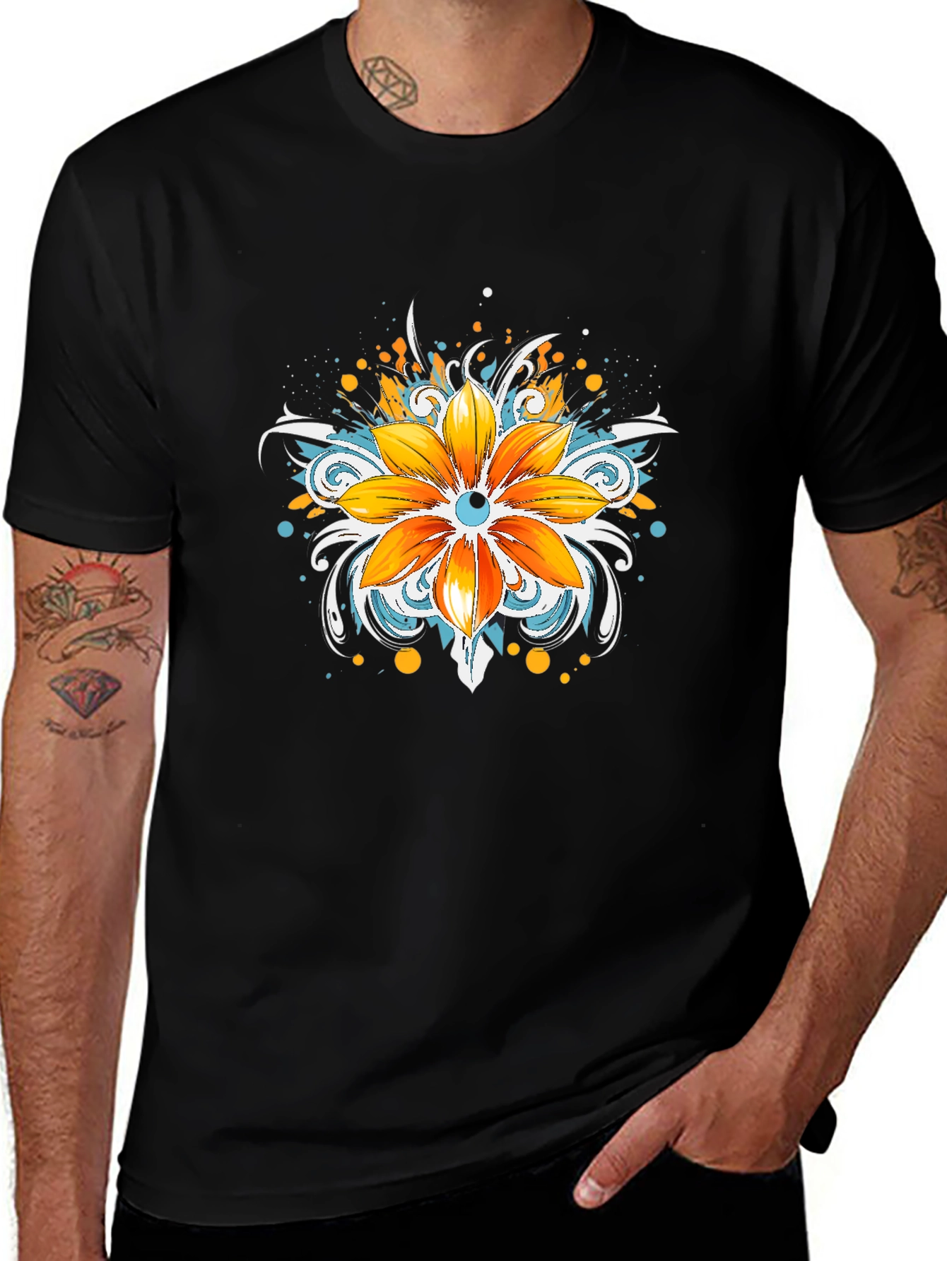 Mens Black T-Shirt with Floral Graphic
