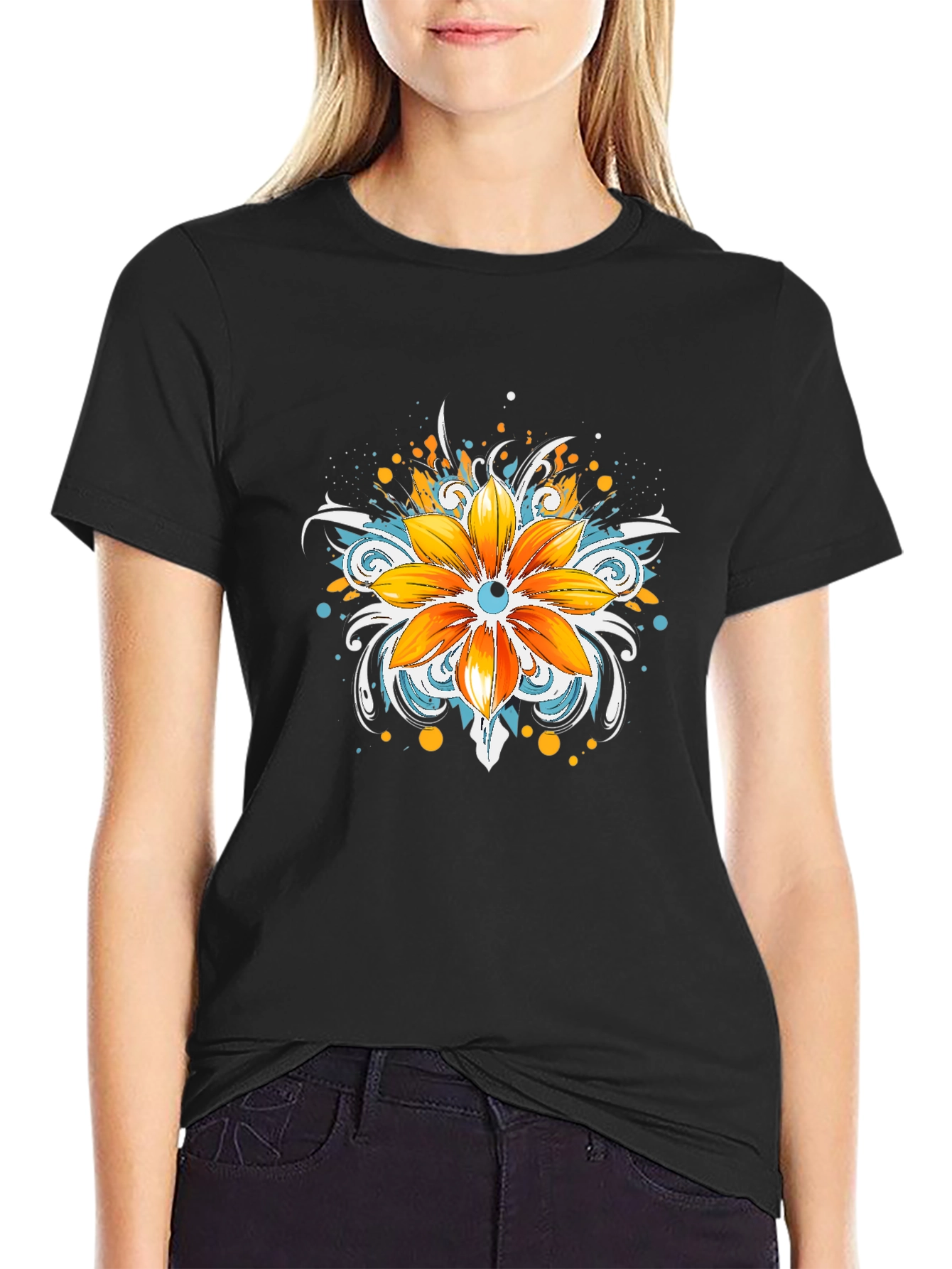 Mens Black T-Shirt with Floral Graphic