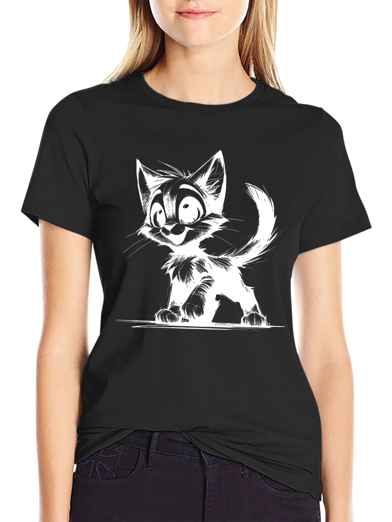 Cartoon Cat Graphic T-Shirt - Black