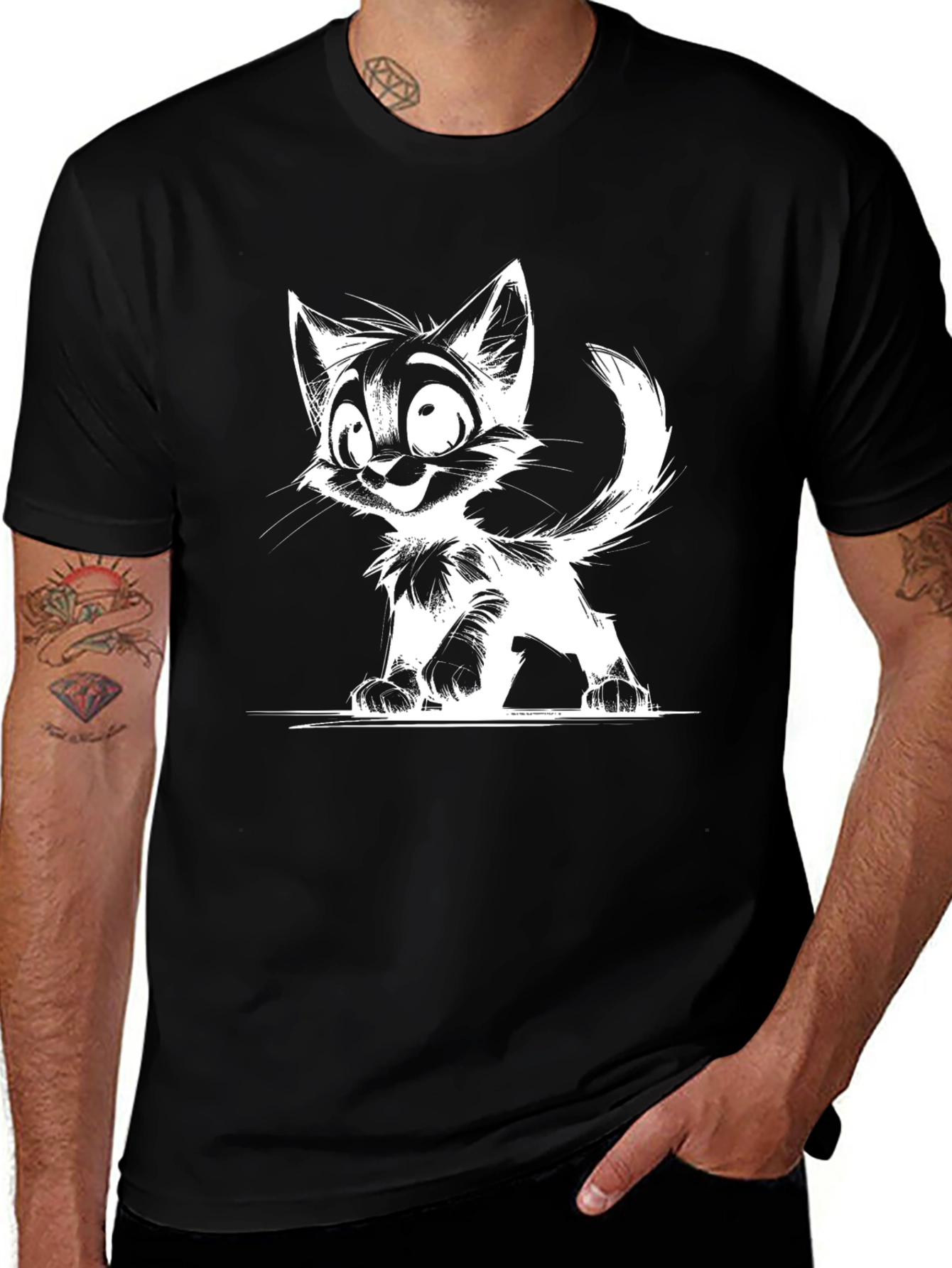 Cartoon Cat Graphic T-Shirt - Black
