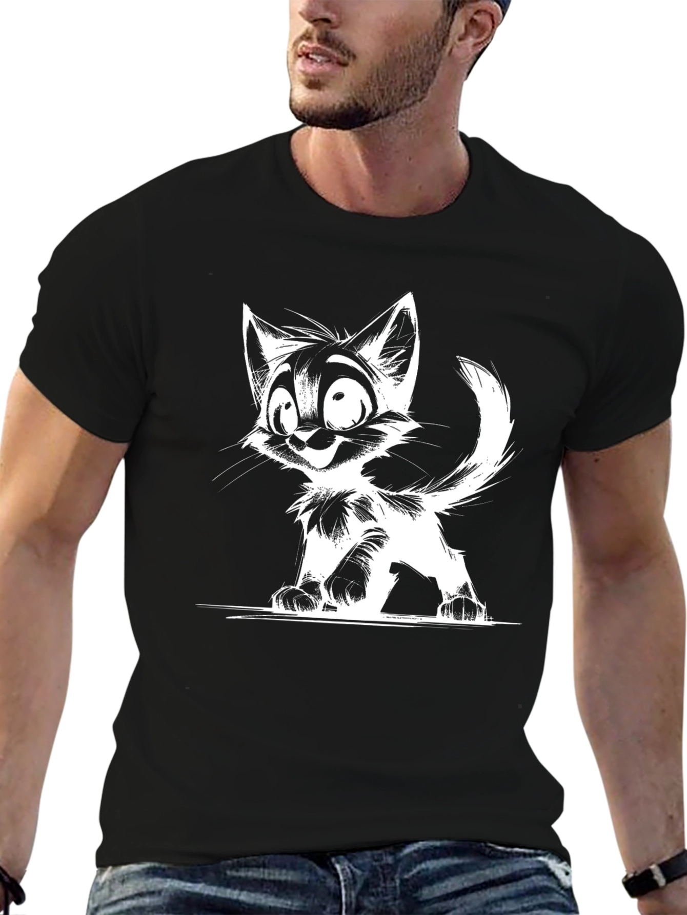 Cartoon Cat Graphic T-Shirt - Black