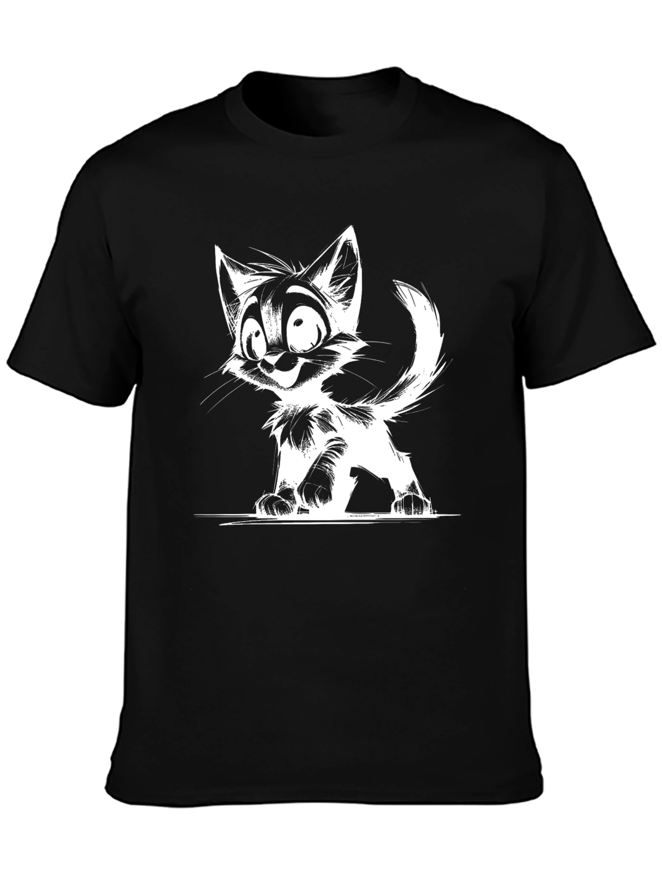 Cartoon Cat Graphic T-Shirt - Black