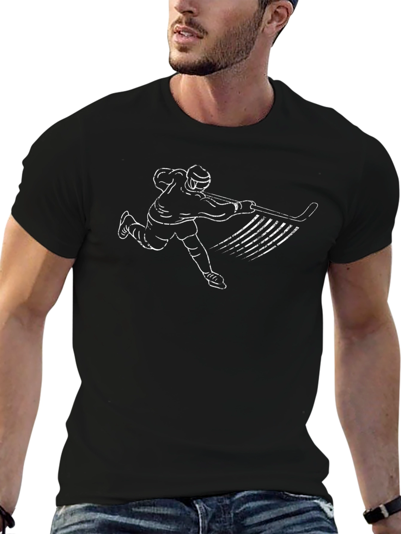 Hockey Player Graphic Tee - Black Cotton Shirt