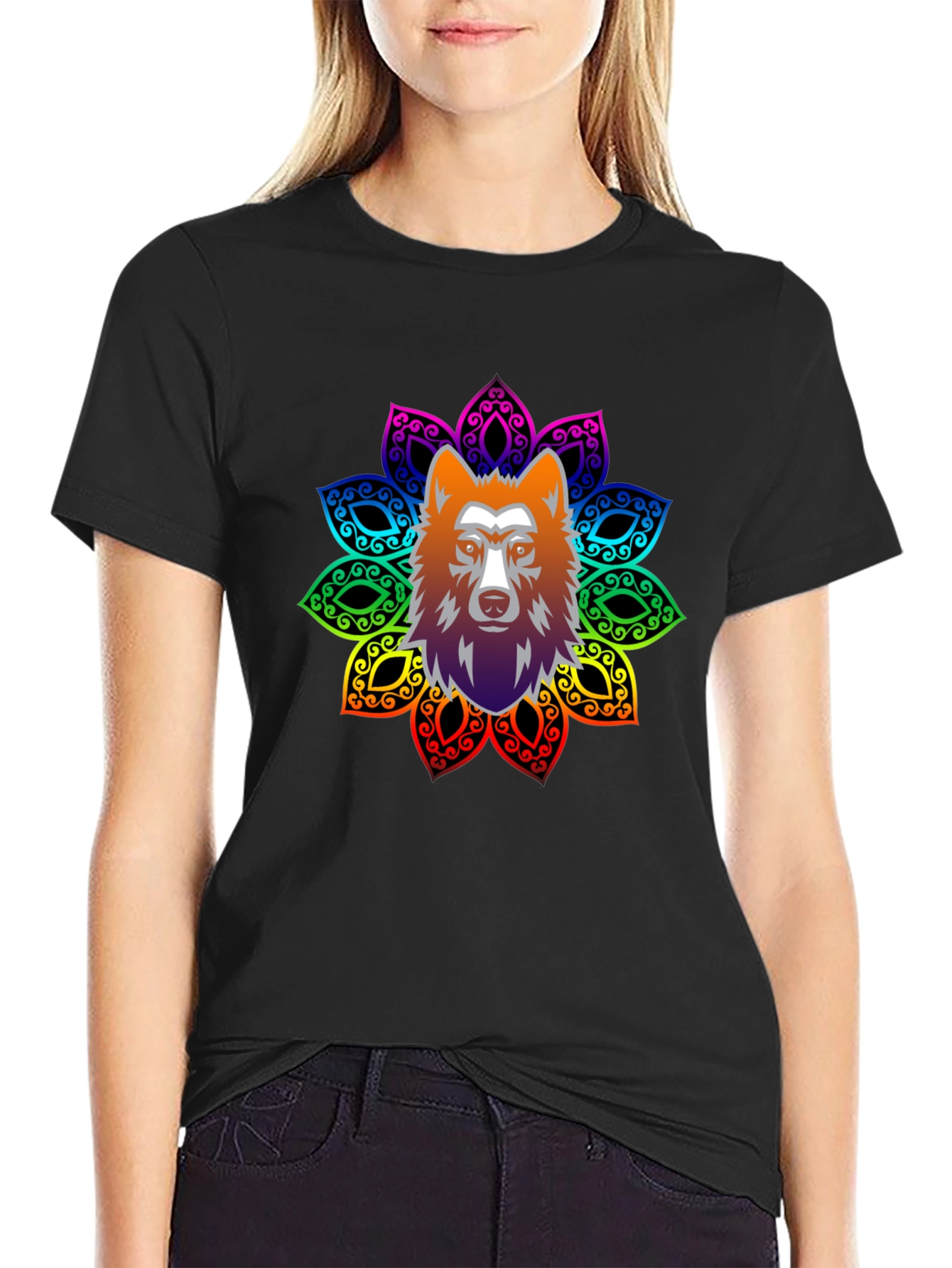Wolf Mandala Graphic Tee - Black